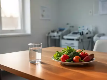 Ein minimalistischer Behandlungsraum mit einem Glas Wasser und frischem Gemüse auf einem Tisch als Symbol für Ernährungstherapie. - Foto: über boerse-global.de