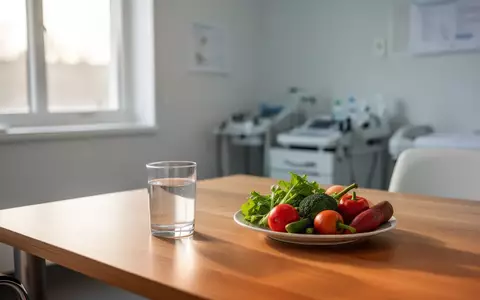 Ein minimalistischer Behandlungsraum mit einem Glas Wasser und frischem Gemüse auf einem Tisch als Symbol für Ernährungstherapie. - Foto: über boerse-global.de