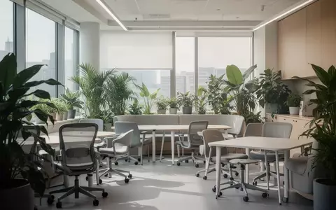 Ein heller, minimalistischer Pausenraum im Büro mit ergonomischen Möbeln und Pflanzen in einer ruhigen Atmosphäre. - Foto: über boerse-global.de