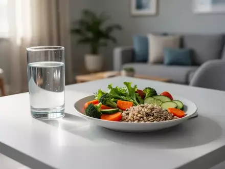 Ein Glas Wasser und eine gesunde, ausgewogene Mahlzeit mit frischem Gemüse auf einem Tisch in einer ruhigen Umgebung. - Foto: über boerse-global.de