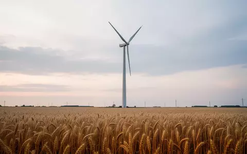 Ein modernes Windrad in einem weiten Weizenfeld bei Dämmerung. - Foto: über boerse-global.de