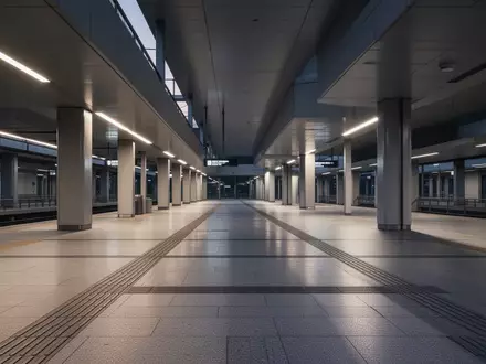 Moderne, barrierefreie Architektur einer öffentlichen Verkehrsanlage mit taktilen Bodenleitsystemen bei Dämmerung. - Foto: über boerse-global.de