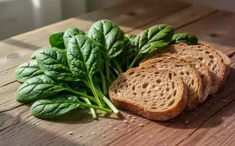 Frischer Spinat und Scheiben von Vollkornbrot auf einem rustikalen Holztisch bei natürlichem Tageslicht - Foto: über boerse-global.de