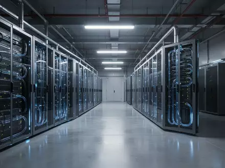 Ein minimalistisch gestalteter Serverraum mit hochleistungsfähigen, wassergekühlten Computersystemen in einer industriellen Umgebung. - Foto: über boerse-global.de