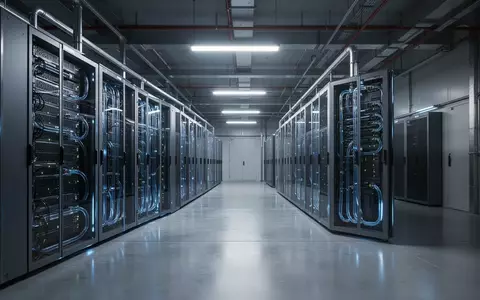 Ein minimalistisch gestalteter Serverraum mit hochleistungsfähigen, wassergekühlten Computersystemen in einer industriellen Umgebung. - Foto: über boerse-global.de