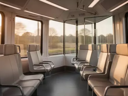 Ein heller, leerer Zugwaggon mit minimalistischen Sitzen und einem weiten Blick auf eine vorbeiziehende Landschaft. - Foto: über boerse-global.de
