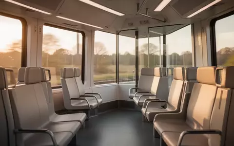 Ein heller, leerer Zugwaggon mit minimalistischen Sitzen und einem weiten Blick auf eine vorbeiziehende Landschaft. - Foto: über boerse-global.de