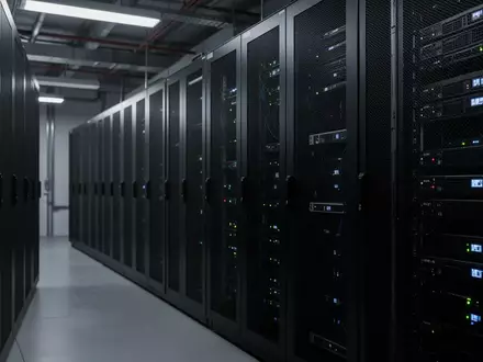 Moderne, minimalistische Serverraum-Umgebung mit dunklen Metallschränken in einem kühl beleuchteten Industrieraum. - Foto: über boerse-global.de