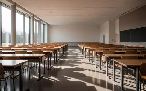 Ein leerer, modern gestalteter Hörsaal mit Reihen von Schreibtischen und Stühlen bei natürlichem Lichteinfall. - Foto: über boerse-global.de