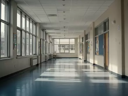 Ein leerer, sonnendurchfluteter Schulflur mit moderner Architektur und poliertem Boden. - Foto: über boerse-global.de