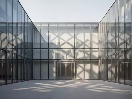 Ein minimalistisches, modernes Glasgebäude mit reflektierenden Lichtmustern in einem ruhigen Innenhof. - Foto: über boerse-global.de