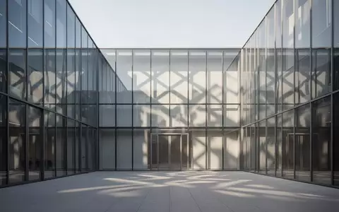 Ein minimalistisches, modernes Glasgebäude mit reflektierenden Lichtmustern in einem ruhigen Innenhof. - Foto: über boerse-global.de