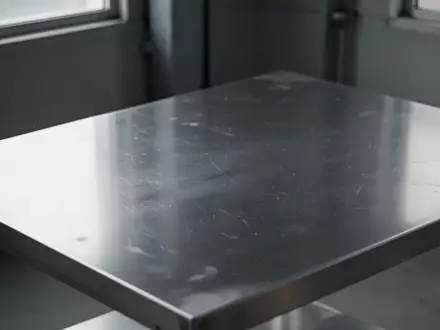 Eine leere, minimalistische Werkbank aus gebürstetem Aluminium in einem hellen, neutralen Raum. - Foto: über boerse-global.de