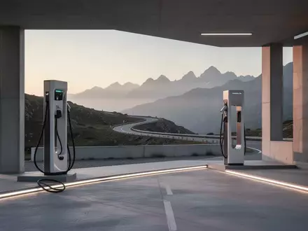 Eine moderne Ladestation für Elektroautos vor einer weitläufigen Gebirgslandschaft bei Sonnenuntergang. - Foto: über boerse-global.de