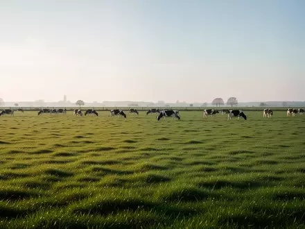 Weite, grüne Weidelandschaft mit weidenden Milchkühen in der Ferne bei klarem Tageslicht. - Foto: über boerse-global.de
