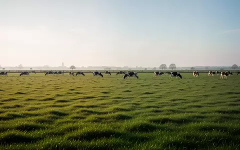 Weite, grüne Weidelandschaft mit weidenden Milchkühen in der Ferne bei klarem Tageslicht. - Foto: über boerse-global.de