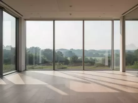 Ein heller, minimalistischer Büroraum mit großen Fenstern und Blick ins Grüne, ohne Möbel oder Personen. - Foto: über boerse-global.de