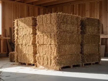 Stapel aus getrockneten Strohballen in einer hellen Werkstatt, die für den Einsatz als nachhaltiges Baumaterial vorgesehen sind. - Foto: über boerse-global.de