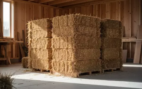 Stapel aus getrockneten Strohballen in einer hellen Werkstatt, die für den Einsatz als nachhaltiges Baumaterial vorgesehen sind. - Foto: über boerse-global.de