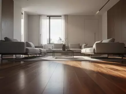 Ein minimalistisch gestalteter Wohnraum mit Holzboden und modernen Möbeln in einer niedrigen Perspektive. - Foto: über boerse-global.de