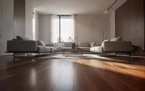 Ein minimalistisch gestalteter Wohnraum mit Holzboden und modernen Möbeln in einer niedrigen Perspektive. - Foto: über boerse-global.de