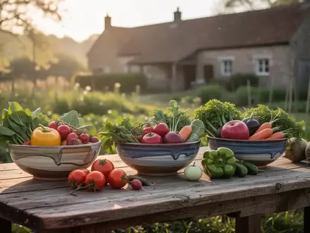 Rustikaler Holztisch mit frischen regionalen Lebensmitteln und Keramikgeschirr in einem ländlichen Garten. - Foto: über boerse-global.de