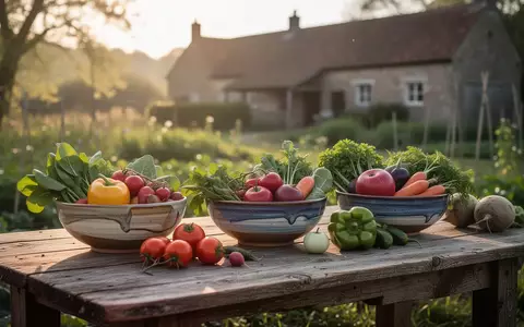 Rustikaler Holztisch mit frischen regionalen Lebensmitteln und Keramikgeschirr in einem ländlichen Garten. - Foto: über boerse-global.de