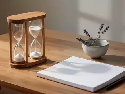 Ein minimalistischer Holzschreibtisch mit einer Sanduhr und einem Notizbuch in sanftem Morgenlicht als Symbol für Struktur und Ruhe. - Foto: über boerse-global.de