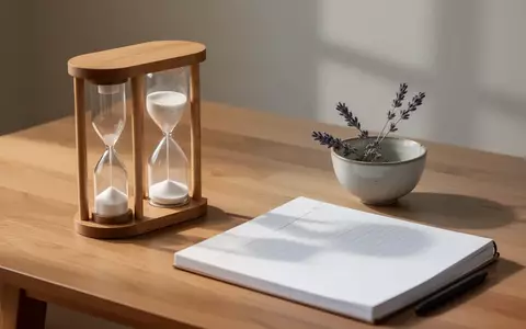 Ein minimalistischer Holzschreibtisch mit einer Sanduhr und einem Notizbuch in sanftem Morgenlicht als Symbol für Struktur und Ruhe. - Foto: über boerse-global.de