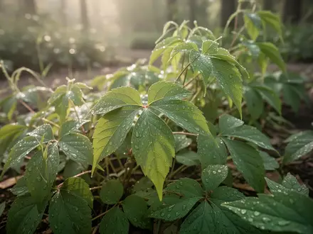 Nahaufnahme von Jiaogulan-Blättern in einem natürlichen Garten bei Morgenlicht. - Foto: über boerse-global.de