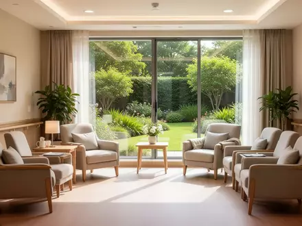Ein heller, freundlicher Aufenthaltsraum in einer Pflegeeinrichtung mit bequemen Sesseln und Blick in einen grünen Garten. - Foto: über boerse-global.de