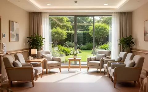 Ein heller, freundlicher Aufenthaltsraum in einer Pflegeeinrichtung mit bequemen Sesseln und Blick in einen grünen Garten. - Foto: über boerse-global.de