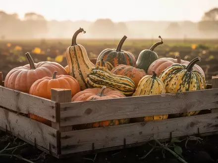Eine Holzkiste gefüllt mit verschiedenen Kürbissorten auf einem Ackerfeld in der herbstlichen Abendsonne. - Foto: über boerse-global.de