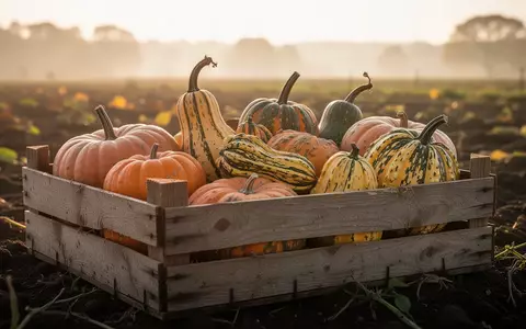 Eine Holzkiste gefüllt mit verschiedenen Kürbissorten auf einem Ackerfeld in der herbstlichen Abendsonne. - Foto: über boerse-global.de