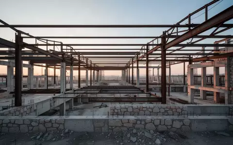 Eine leere, unfertige Baustelle mit Stahlträgern und Betonstrukturen im Dämmerlicht als Symbol für unbesetzte Arbeitsplätze. - Foto: über boerse-global.de