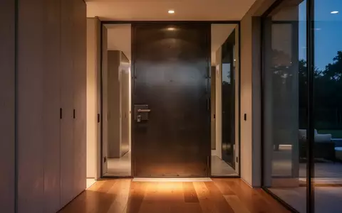 Ein moderner, minimalistischer Hauseingang mit einer soliden Metalltür in einer warm beleuchteten Wohnung. - Foto: über boerse-global.de