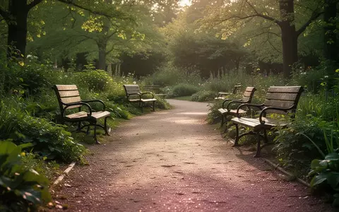 Ein sonniger, leerer Parkweg mit einer hölzernen Parkbank in einer grünen Gartenanlage. - Foto: über boerse-global.de
