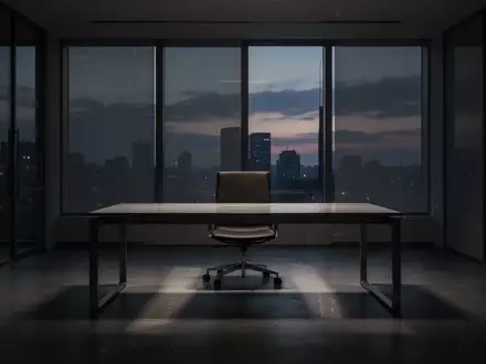 Ein minimalistisch eingerichtetes, leeres Büro bei Dämmerung, das eine Atmosphäre der Unsicherheit vermittelt. - Foto: über boerse-global.de