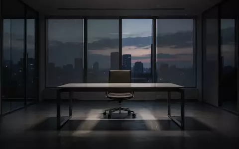 Ein minimalistisch eingerichtetes, leeres Büro bei Dämmerung, das eine Atmosphäre der Unsicherheit vermittelt. - Foto: über boerse-global.de