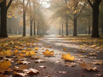 Ein von goldenem Herbstlaub bedeckter Weg in einem ruhigen Park im sanften Morgenlicht. - Foto: über boerse-global.de