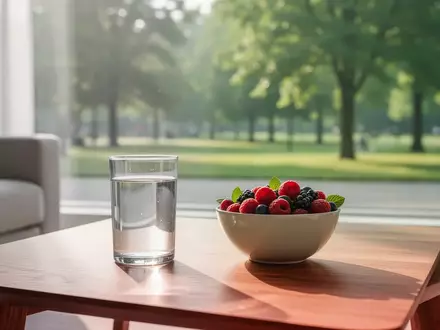 Ein minimalistischer Frühstückstisch mit Wasser und Beeren in hellem Tageslicht vor einem unscharfen grünen Park. - Foto: über boerse-global.de