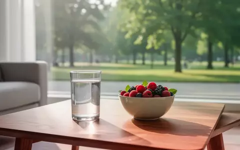 Ein minimalistischer Frühstückstisch mit Wasser und Beeren in hellem Tageslicht vor einem unscharfen grünen Park. - Foto: über boerse-global.de
