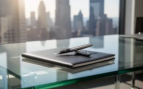 Ein minimalistischer Schreibtisch mit einem Füllfederhalter und einem Notizbuch vor einer verschwommenen Skyline. - Foto: über boerse-global.de
