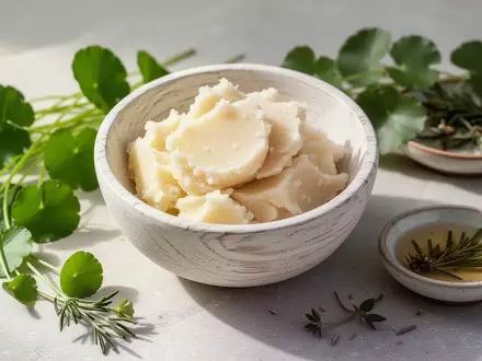 Nahaufnahme von roher Sheabutter in einer Holzschale neben frischen Centella Asiatica Blättern auf einem Steintisch. - Foto: über boerse-global.de