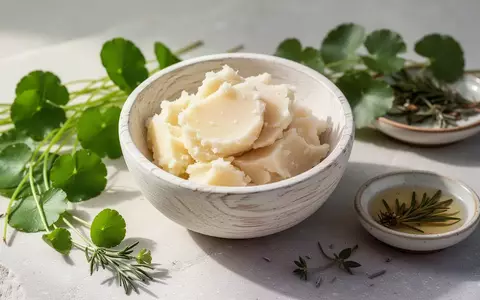 Nahaufnahme von roher Sheabutter in einer Holzschale neben frischen Centella Asiatica Blättern auf einem Steintisch. - Foto: über boerse-global.de