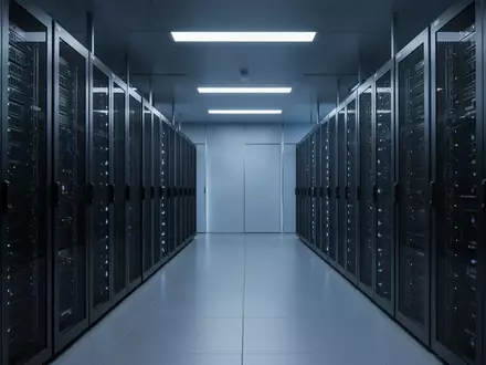 Ein moderner, minimalistischer Serverraum mit dunklen Server-Racks in kühlem, blauem Licht. - Foto: über boerse-global.de