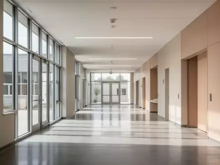 Ein heller, minimalistischer Flur in einem modernen Bildungszentrum mit großen Fenstern und poliertem Betonboden. - Foto: über boerse-global.de