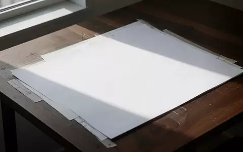 Hochwertiges, leeres Architektenpapier auf einem dunklen Holztisch mit geometrischen Schattenwürfen bei natürlichem Licht. - Foto: über boerse-global.de