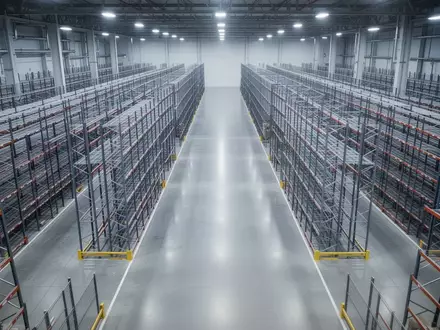 Ein weitläufiges, modernes Logistiklager mit leeren Gängen und Regalsystemen in einer Industriehalle. - Foto: über boerse-global.de