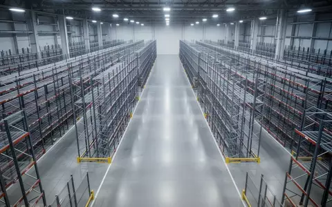 Ein weitläufiges, modernes Logistiklager mit leeren Gängen und Regalsystemen in einer Industriehalle. - Foto: über boerse-global.de